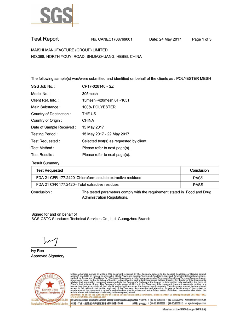 SGS Report - Polyester&Nylon Certificate - Top Quality Wire Mesh ...